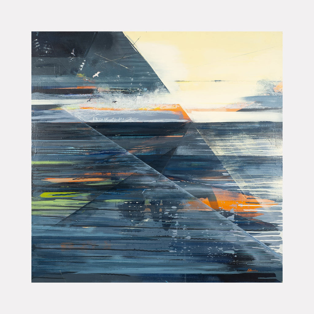 The artwork 'Split Horizon' by Nicki Adani features a dramatic abstract seascape divided by a diagonal line, with deep navy blues and stormy grays contrasting against warm sunset oranges and pale yellows. Textural brushstrokes create a sense of movement across the 36-inch square mixed media wood panel, suggesting turbulent waters and atmospheric light. By Nicki Adani.