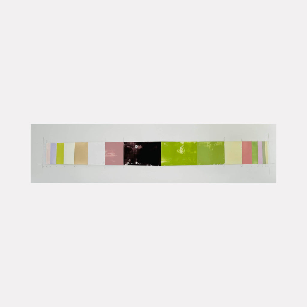 The artwork 'Spring Atmosphere' by Debra Ramsay features a minimalist horizontal composition of color blocks in soft pastels and bold accents. Delicate stripes transition from white to pale yellow, peachy pink, deep black, and vibrant lime green, creating a fresh spring palette on polyester resin film. 20x76 inches acrylic artwork by Debra Ramsay.