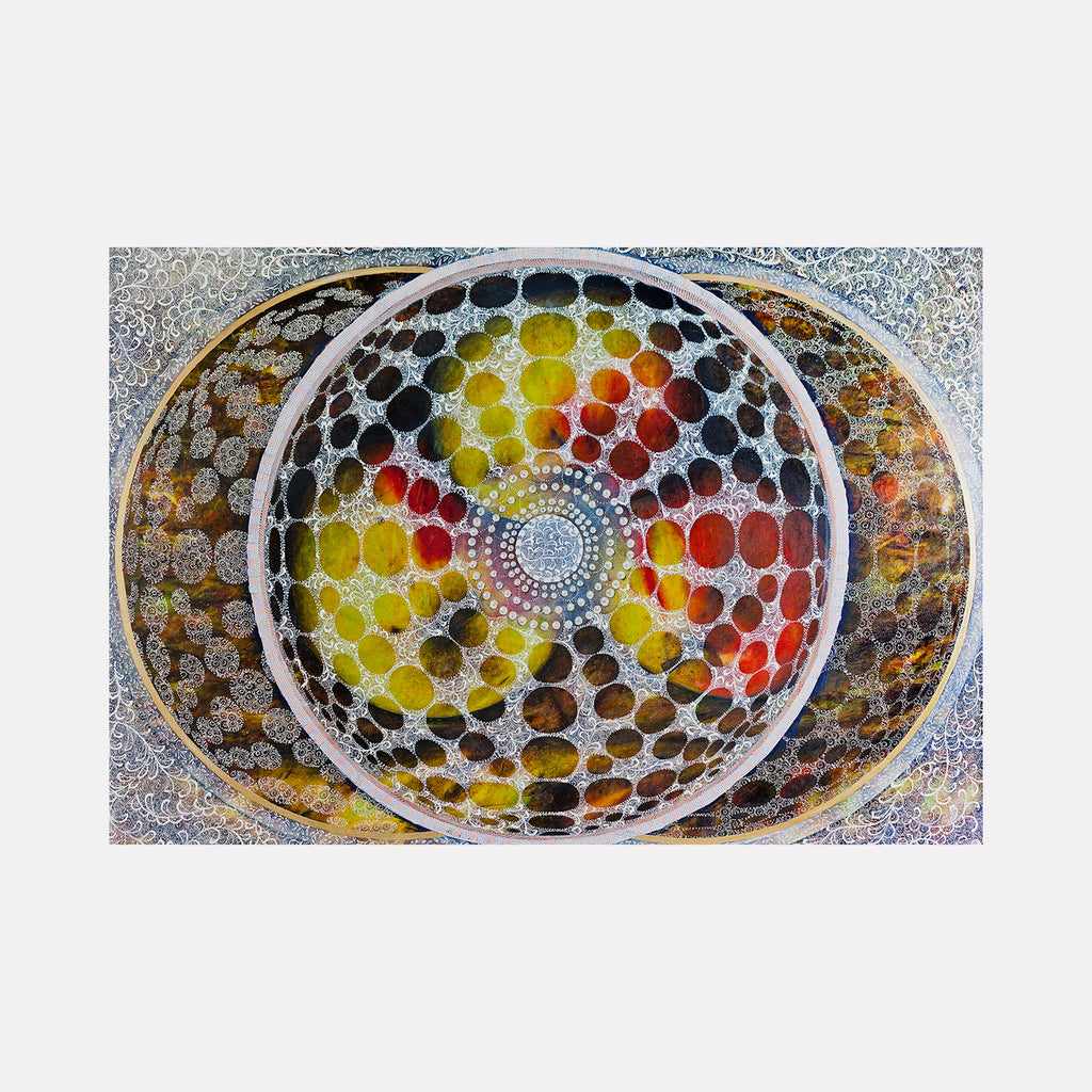 The artwork 'Squaring the Circle' features a mesmerizing circular mandala pattern with radiating dots in vibrant yellows, reds, and browns. The central spiral design is encased in overlapping circular forms, creating a geometric tension between curved and straight edges. Oil on canvas showcases textural depth and luminous color transitions. By Amy Cheng.