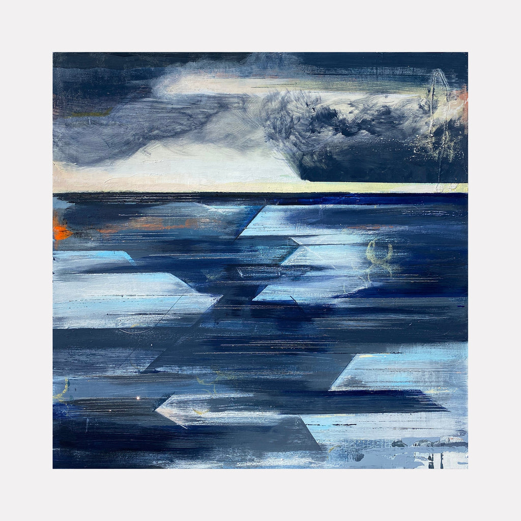 The artwork 'Stillness at the Horizon' by Nicki Adani features a contemporary abstract seascape in deep navy blues and whites. Angular geometric shapes float across a stormy ocean surface, while dramatic clouds gather in the grey-white sky above. Mixed media technique on wood panel creates textural depth and movement through brushstrokes and layered paint. - by Nicki Adani