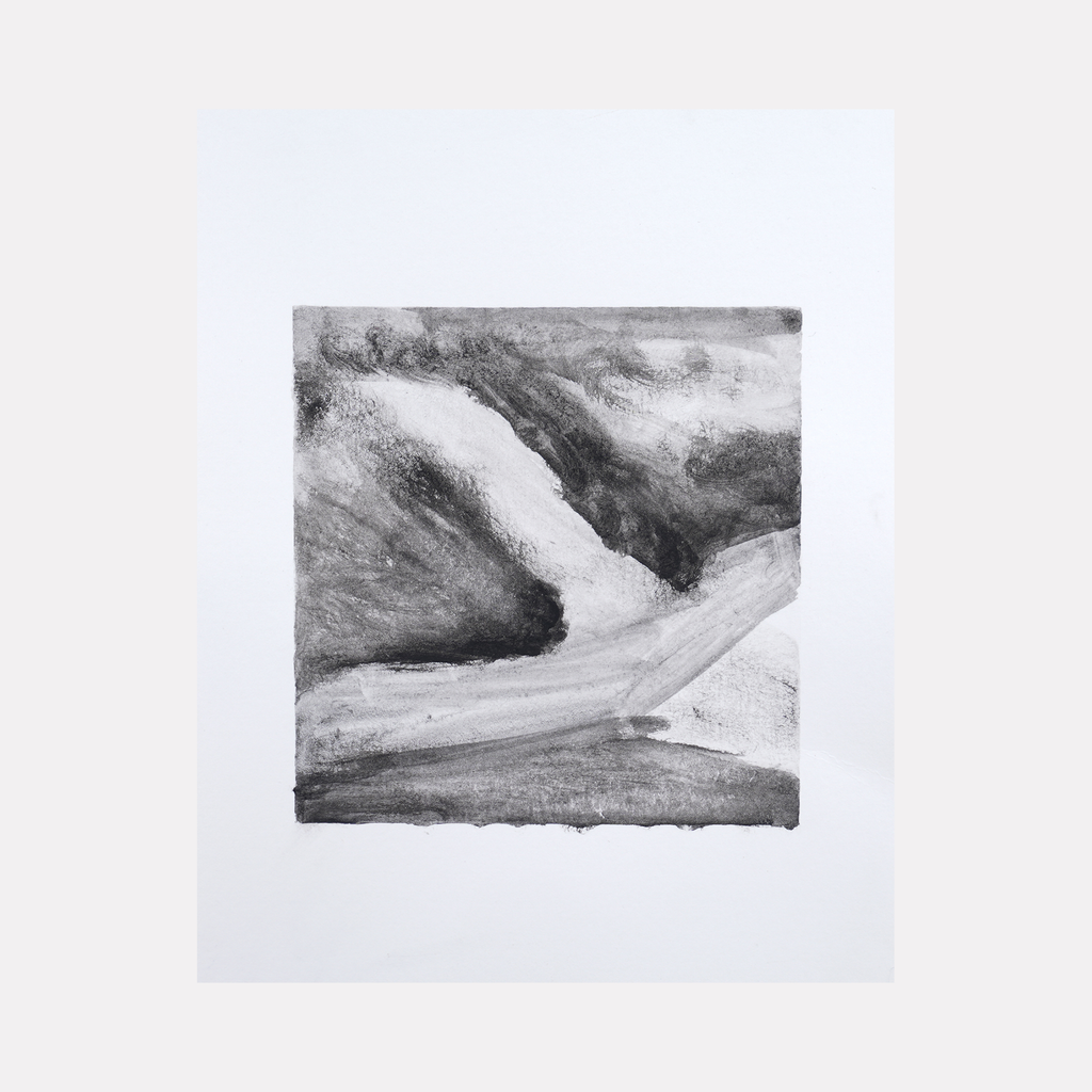The artwork 'Storm' by Diana Naccarato depicts a dramatic monochromatic landscape in pencil, featuring sweeping diagonal lines and bold contrast between light and dark areas. The composition suggests turbulent movement with flowing curves and deep shadows, capturing the raw energy of a windswept terrain. 8x6 inches, framed pencil drawing on paper.