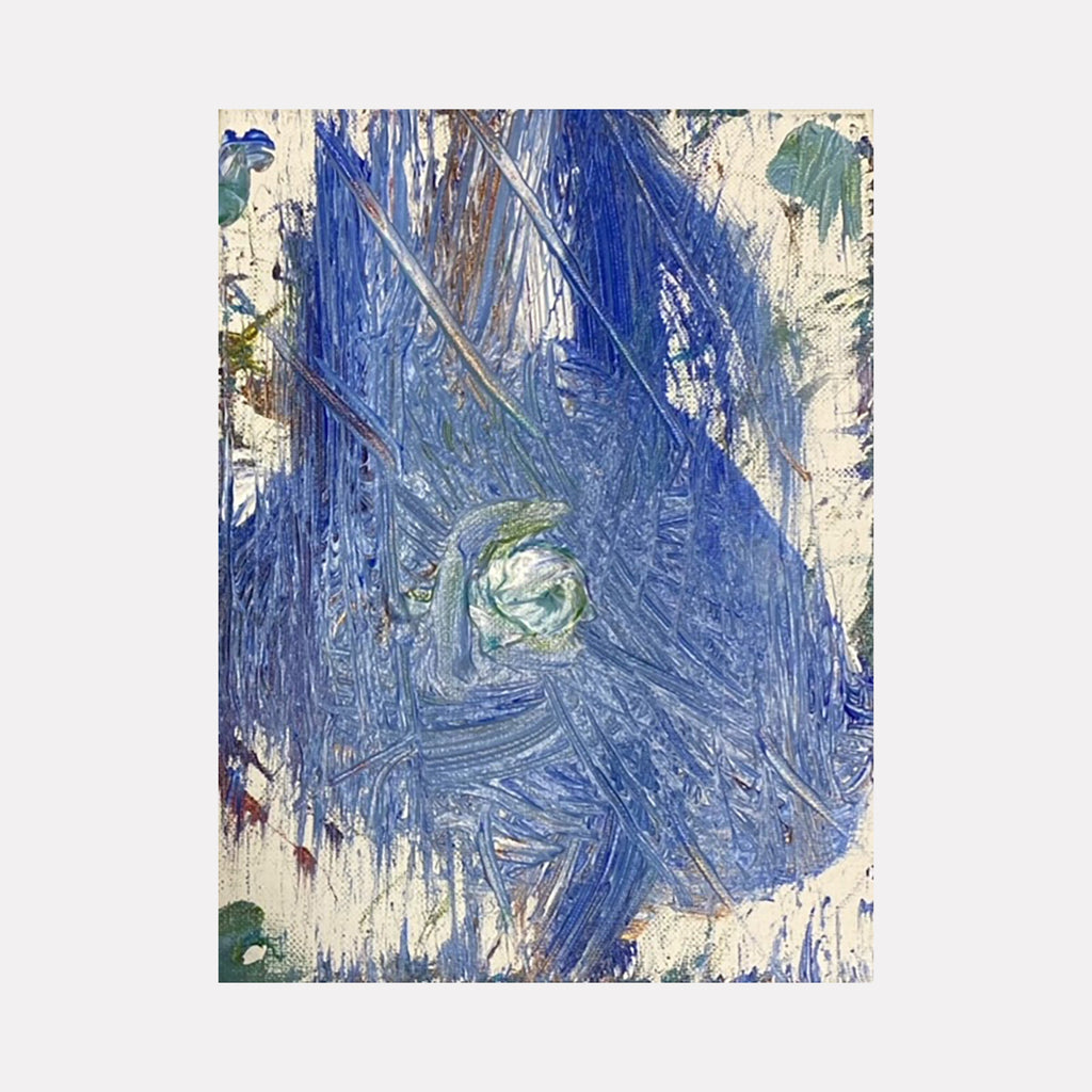 The artwork 'Stroke of Blue' by Dom Hiddo features dynamic brushstrokes of vibrant cobalt blue paint swirling across a white canvas. A small turquoise circular element appears in the center, surrounded by textured, expressive acrylic strokes creating movement and depth. The 5x7 inch piece showcases an abstract, energetic style with hints of green accents along the edges. By Dom Hiddo.
