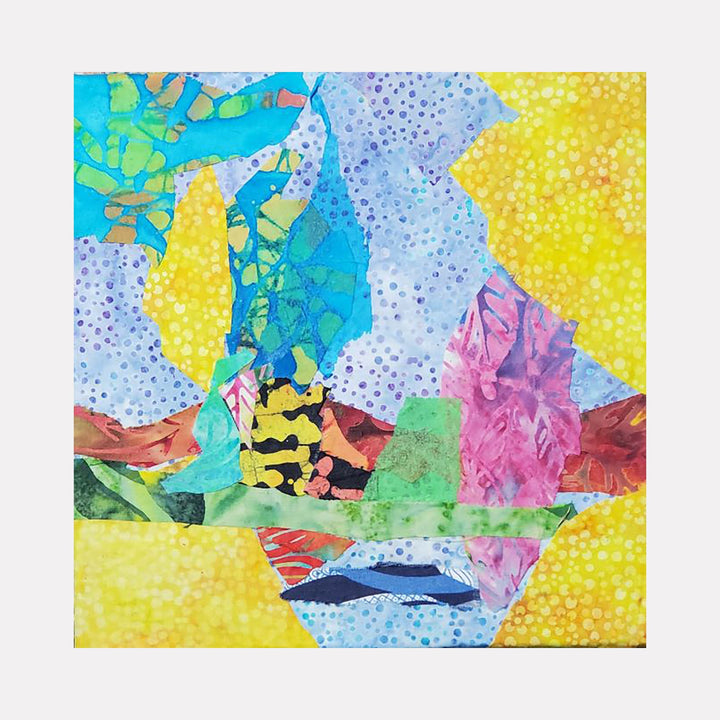 The artwork 'Summer Thunder' by James Ehling features a vibrant abstract composition on fabric with acrylic paint. Dynamic fragments of turquoise, yellow, and pink create a mosaic-like pattern, punctuated by dotted textures and organic shapes. The 8x8 inch piece combines bold color blocks with delicate details, suggesting a summer storm's energy through its expressive arrangement and contrasting hues.