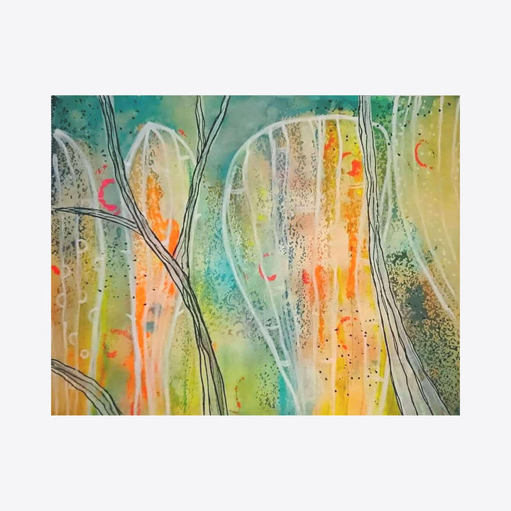 The artwork 'Summer nature' by Marta Nowicka features abstract watercolor-like patterns in vibrant turquoise, yellow, and coral hues. Delicate black lines curve through the composition suggesting tree branches, while ethereal translucent shapes create a dreamy forest atmosphere. The acrylic painting on paper showcases a fluid, organic style with textured speckles and gentle color transitions.