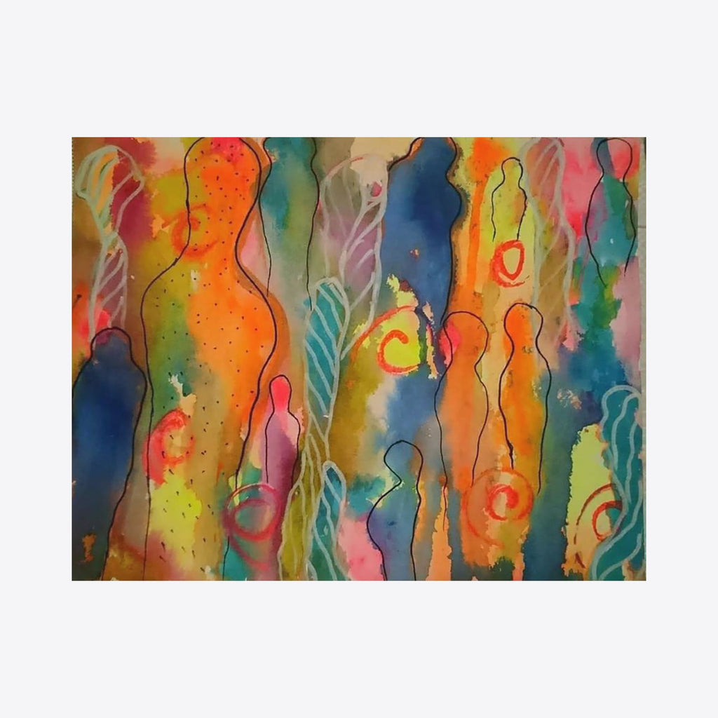 Summer Sale artwork by Marta Nowicka features abstract flowing silhouettes in vibrant watercolors. Deep blues, bright oranges, and soft pinks blend seamlessly, creating ethereal figures with delicate black outlines. Small circular patterns in coral and turquoise add whimsical details to this 11x8 acrylic painting on paper. By Marta Nowicka.