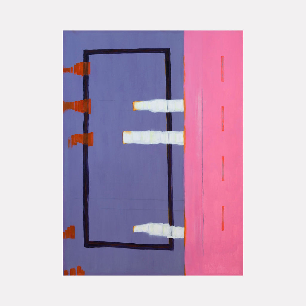 The artwork 'Sunrise in the West -20' by Cora Jane Glasser features abstract geometric composition with bold purple and pink color blocks divided by a black rectangular frame. White horizontal strokes contrast against the purple background, while small red accents create rhythm along the left edge. Oil and wax pastel techniques create subtle textural variations.