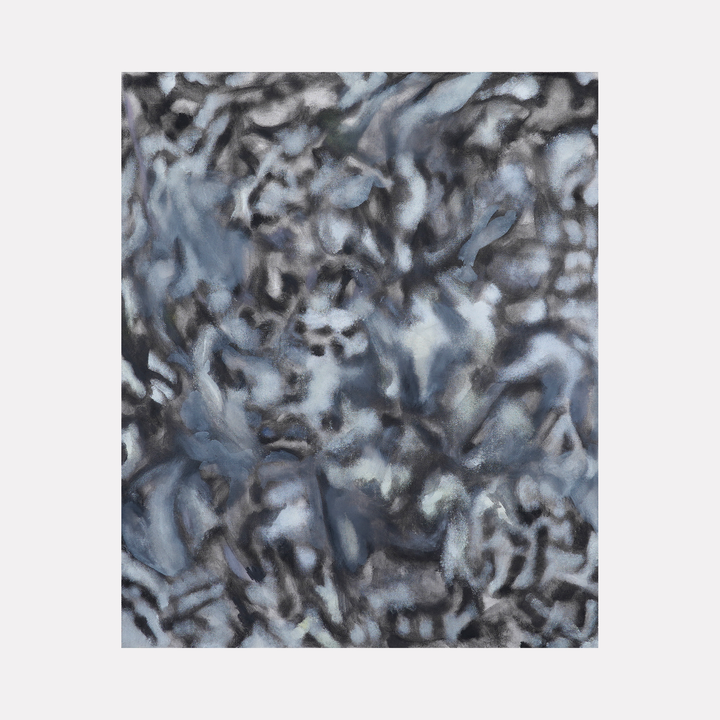 The artwork 'Sway' by Diana Naccarato features swirling abstract patterns in cool blue-grey and black tones. The composition creates a dynamic, cloudy effect with fluid brushstrokes and charcoal markings on canvas. The textural interplay between acrylic paint and charcoal suggests movement and depth through organic, smoky forms.