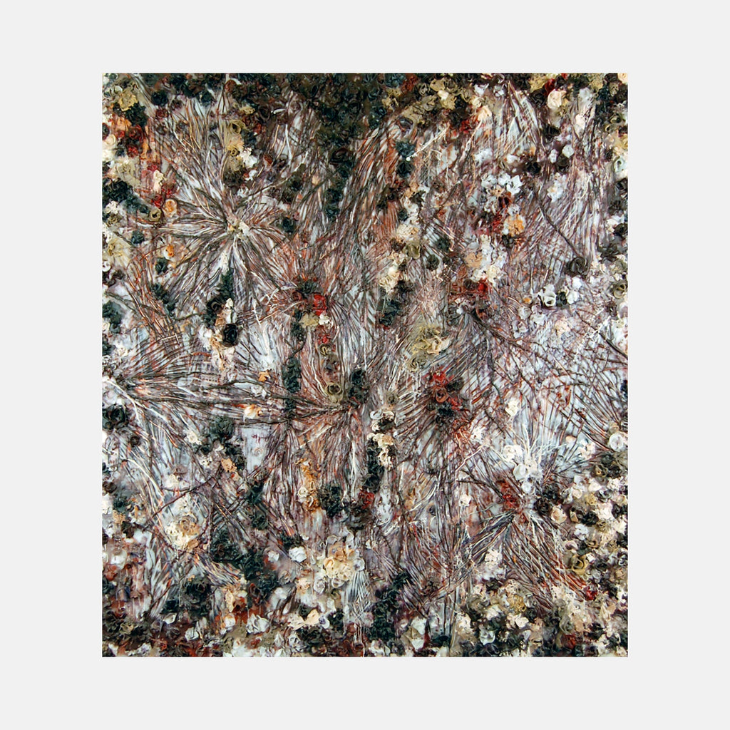 The artwork 'Synaptic Bloom' by Seren Morey features intricate radial patterns resembling neural networks in browns, whites, and deep greens. Created with encaustic on panel, the composition displays organic starburst formations with textural elements that appear to burst from the center, creating a dynamic abstract landscape of interconnected crystalline structures and botanical forms.