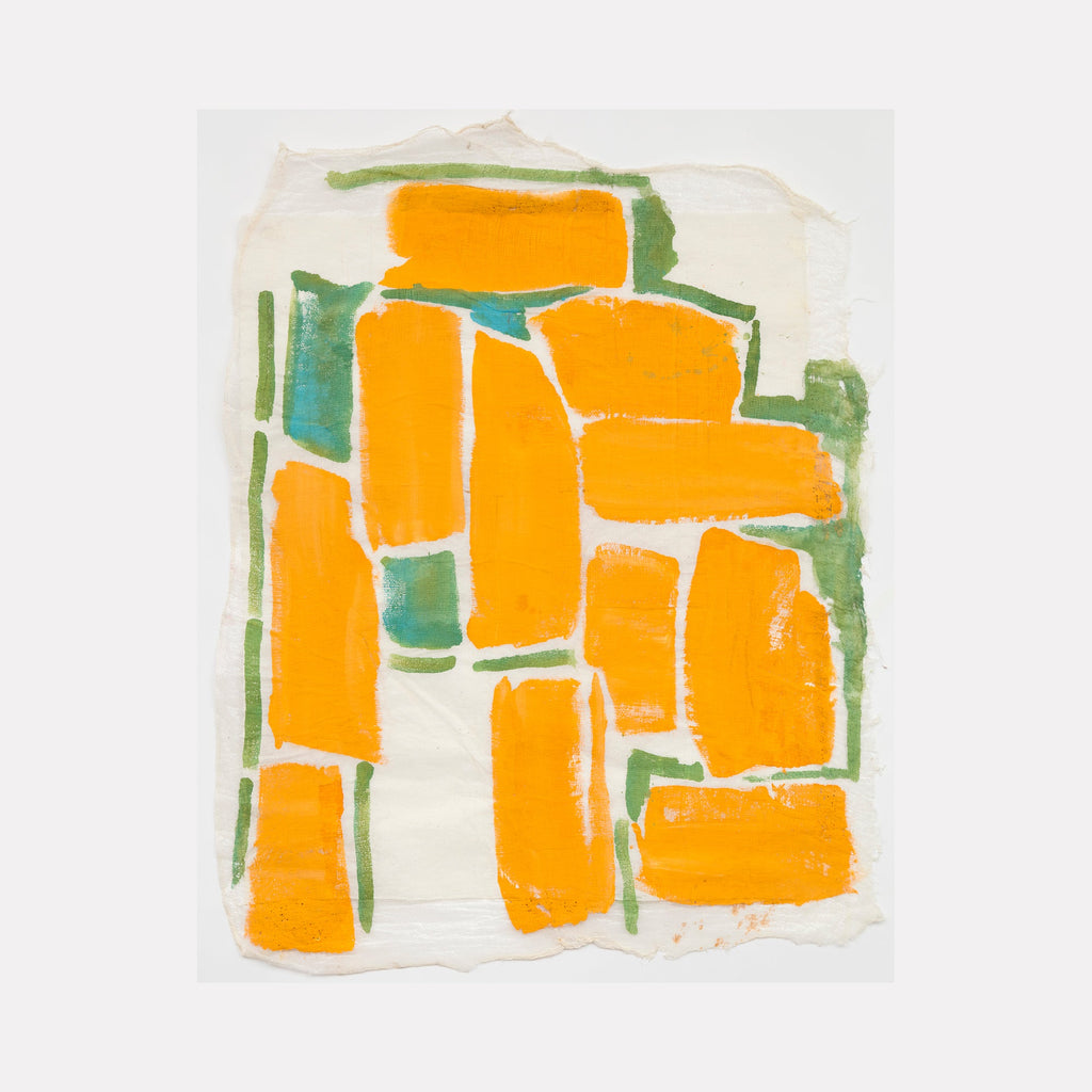 The artwork 'Tapestry Series Yellow Path' by Molly Herman features bold geometric blocks in vibrant yellow arranged vertically against a cream background, accented with touches of green. The abstract composition on cheesecloth and rice paper creates a textural mosaic effect through acrylic brushstrokes and irregular rectangular shapes.