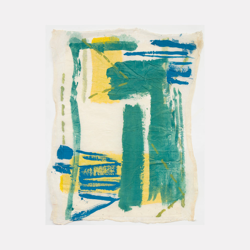 The artwork 'Tapestry Series Passageway' by Molly Herman features bold abstract brushstrokes in vibrant teal, yellow, and cobalt blue on a cream background. Created with acrylic on cheesecloth and rice paper, the composition showcases expressive vertical and horizontal strokes, creating a dynamic interplay of geometric forms and textural elements that suggest an architectural passageway. by Molly Herman