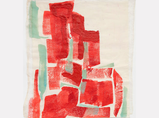 Tapestry Series Red Path by Molly Herman features bold, abstract red geometric shapes layered against soft mint green accents on a natural cream background. The acrylic paint on cheesecloth and rice paper creates a textural, tapestry-like effect with rough, organic edges and translucent areas where colors blend seamlessly.