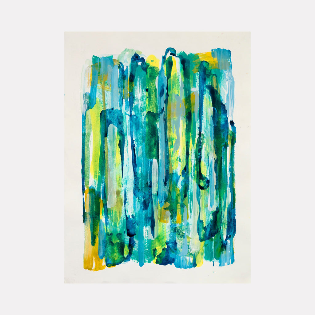 The artwork 'Teals' by Molly Herman features dynamic vertical brushstrokes in vibrant aqua, turquoise, and lime green hues. Abstract expressionist painting with fluid, waterfall-like strokes creates a sense of movement against cream paper. Bold teal colors blend with yellow accents in this acrylic artwork on BFK Rives paper by Molly Herman.