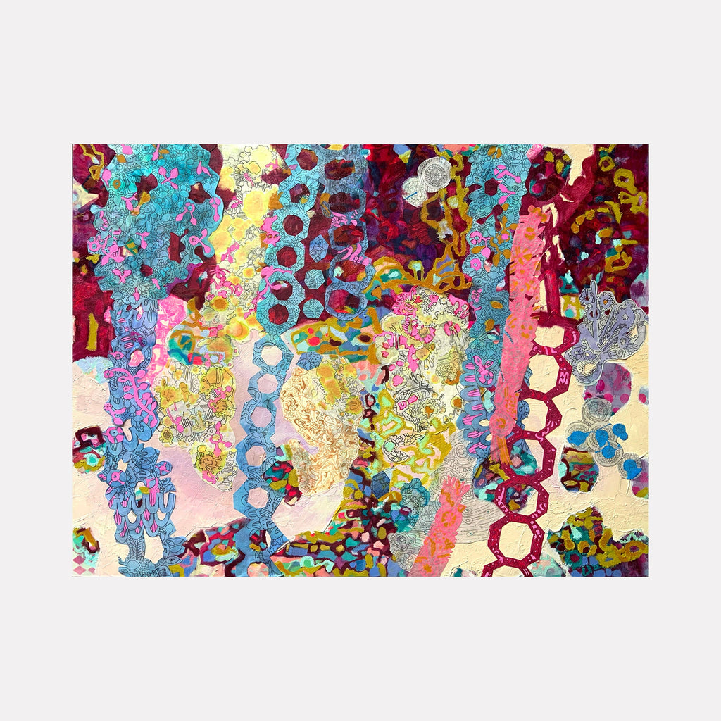 The artwork 'The Hanging Gardens of Jackalope' features vibrant vertical streams of turquoise, pink, and yellow, interwoven with circular patterns and abstract floral elements. Mixed media layers create a psychedelic garden effect with playful dots and swirling forms in rich purple and blue hues, showcasing a dynamic mixed-media composition by Rebecca Darlington.