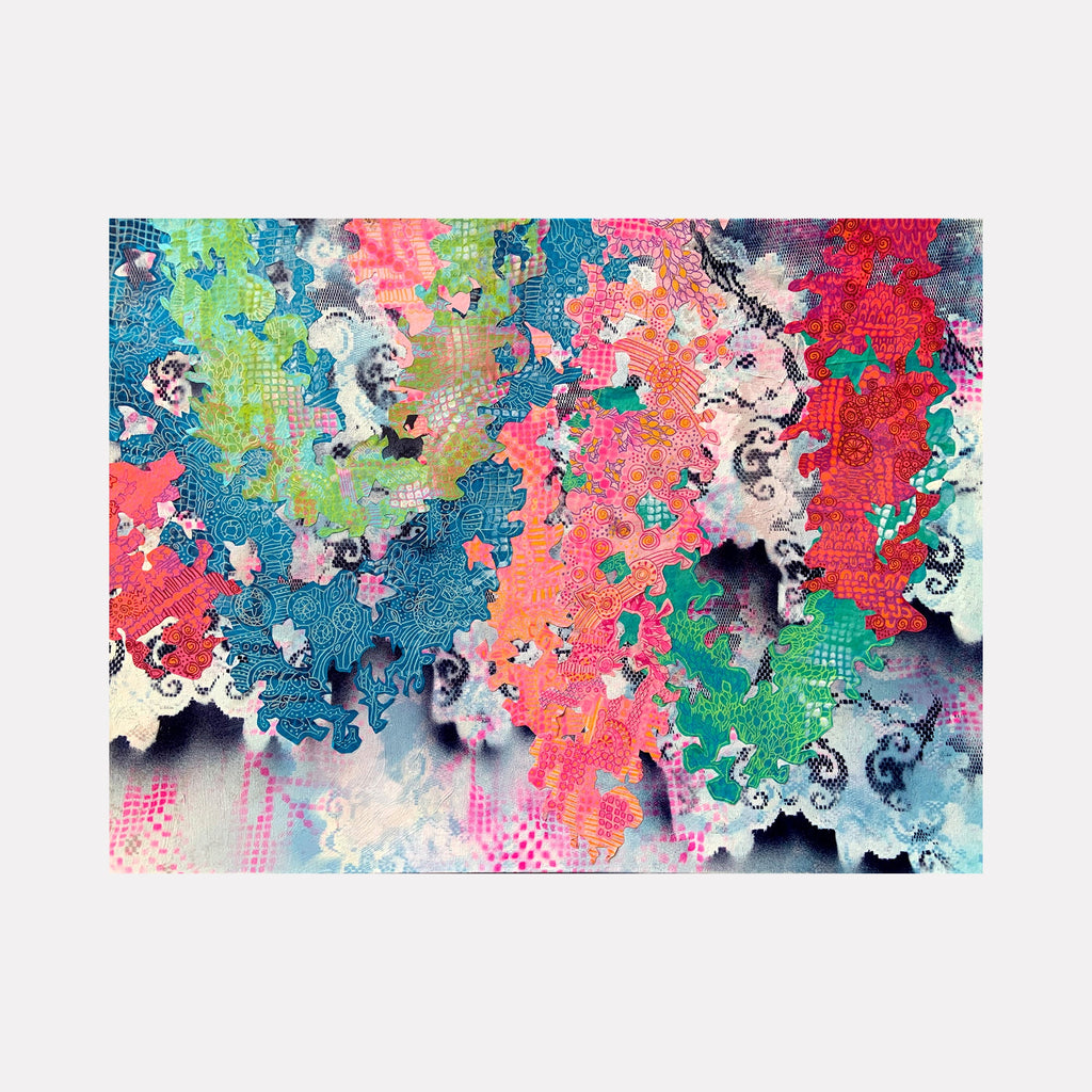 The artwork 'The Hanging Gardens of Loveland' by Rebecca Darlington features a vibrant abstract composition of swirling fractal-like patterns in coral pink, turquoise blue, and emerald green. Delicate paisley motifs blend with dotted textures and misty gradients, creating a dreamlike garden landscape through mixed media techniques including spray paint and collage on a 30x40 inch canvas.