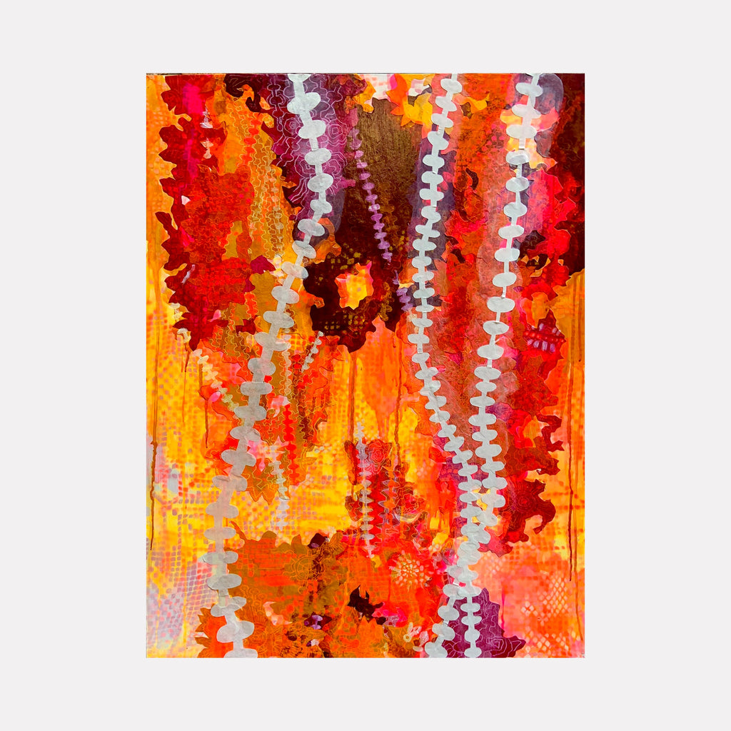 The artwork 'The Hanging Gardens of Tazekka' by Rebecca Darlington features vibrant vertical stripes of orange, red, and burgundy with interweaving silver patterns. Abstract collage elements blend with dripping paint effects, creating a dynamic composition reminiscent of cascading foliage. Mixed media techniques combine spray paint and acrylic, producing rich textural layers and organic forms.