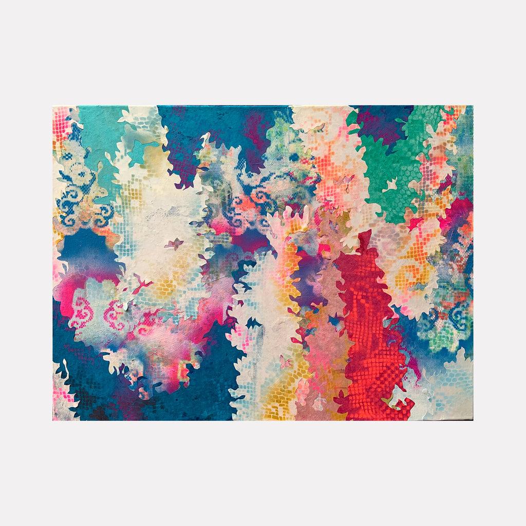 The artwork 'The Hanging Gardens of Tessie' by Rebecca Darlington features an abstract explosion of vibrant colors, blending deep teals, coral pinks, and creamy whites in a dynamic spray paint composition. Textured collage elements create intricate patterns, resembling ethereal gardens with swirling, organic forms against a multicolored background.