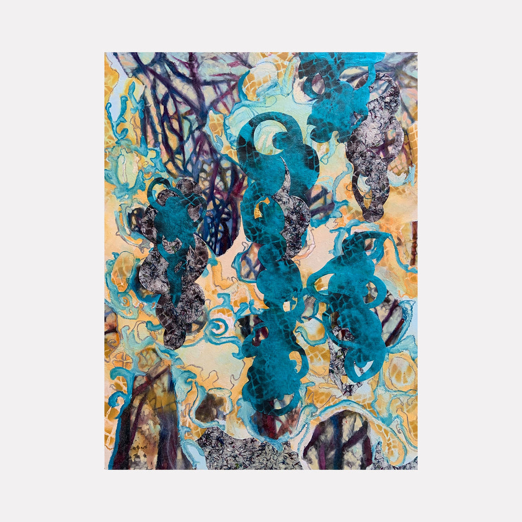 The Hanging Gardens of Thunderbird by Rebecca Darlington features swirling abstract patterns in vibrant turquoise and golden yellow, with deep purple accents. Dynamic fluid forms suggest cascading water and organic movement, created through layered spray paint and oil techniques. Textural elements and collage details create depth against ethereal backgrounds. 40x30 inches mixed media artwork.