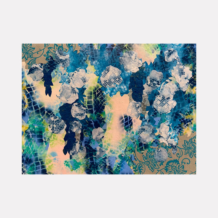 The artwork 'The Hanging Gardens of Babylon' by Rebecca Darlington features an abstract collage with layered textures in deep turquoise, peach, and seafoam green. Geometric patterns and organic shapes blend with spray paint techniques, creating a dreamlike cascade of translucent forms against a soft gradient background, measuring 30x40 inches.