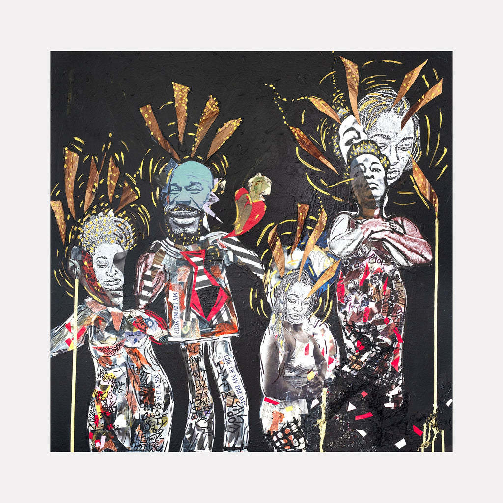 The artwork 'The Choices We Make' by Courtney Minor features abstract figures set against a dark background, incorporating collage elements with striking red, blue, and metallic accents. Bold geometric shapes and dynamic lines radiate around the figures, creating a powerful composition. Mixed media textures and layered paper elements add depth to this 36x36 canvas artwork.