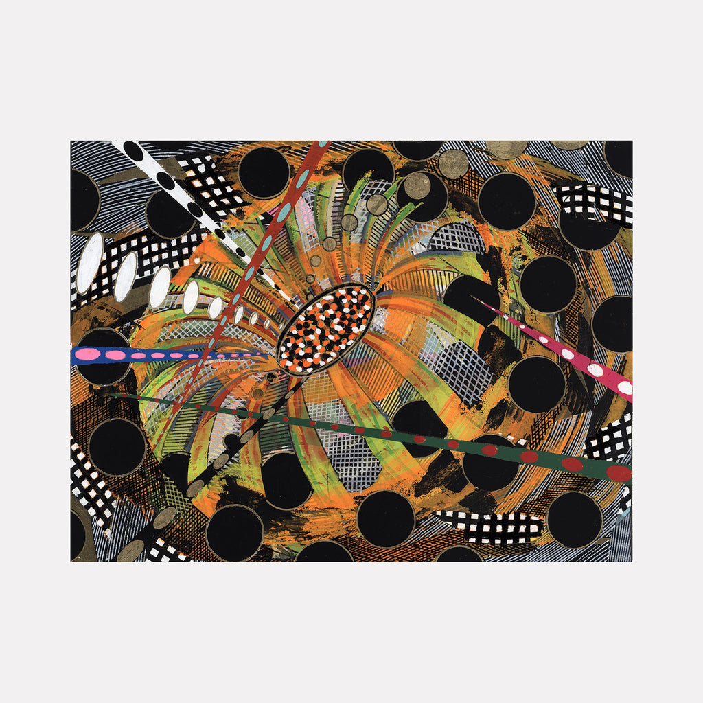 The artwork 'The Crazy Concept of Quasars' by Amy Cheng features a dynamic abstract composition with a central sunburst pattern in vibrant orange and green hues, surrounded by black circular voids and intricate white dotted patterns. Detailed line work in gouache and oil marker creates a cosmic, swirling effect against contrasting geometric elements and textured backgrounds.