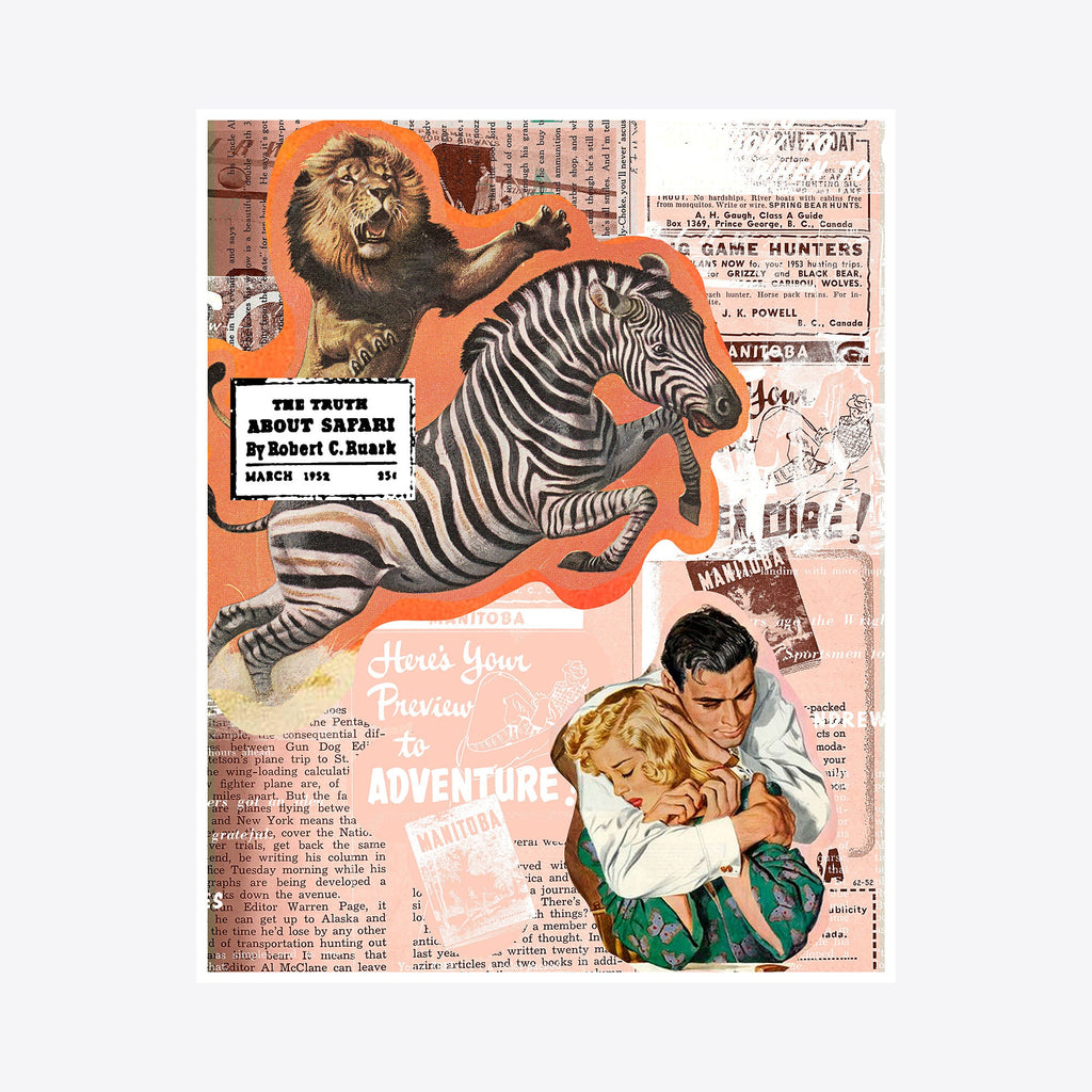 The artwork 'The Hunt' by Travis Witmer features a vintage-style collage with dramatic animal imagery - a fierce roaring lion and a leaping zebra in black and white stripes against a coral-orange background, layered with retro book cover elements and nostalgic text on aged paper textures in a dynamic digital print composition.