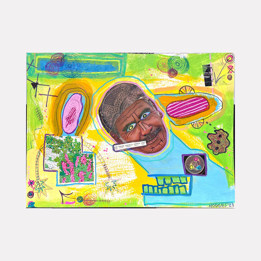 The artwork 'The Trunk' by Brandon Hodges features a vibrant mixed-media composition with bright yellow and green background, abstract geometric shapes, and spiraling patterns. The collage incorporates playful elements in blue, pink, and brown tones, creating a whimsical and energetic scene. The piece showcases intricate details using acrylic, wax pastel, and ink techniques on watercolor paper by Brandon Hodges.