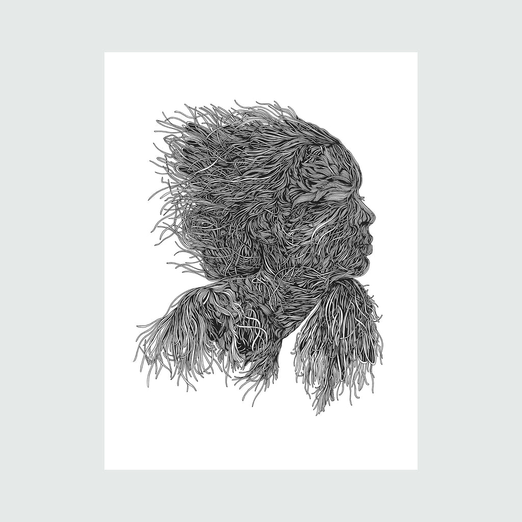 The artwork 'The Wind Linear Drawing Portrait' by Alina Glotova features an intricate monochromatic line drawing depicting a profile silhouette composed of flowing, organic lines resembling windswept strands. The dynamic black and white illustration showcases a distinctive style with delicate overlapping lines creating texture and movement.