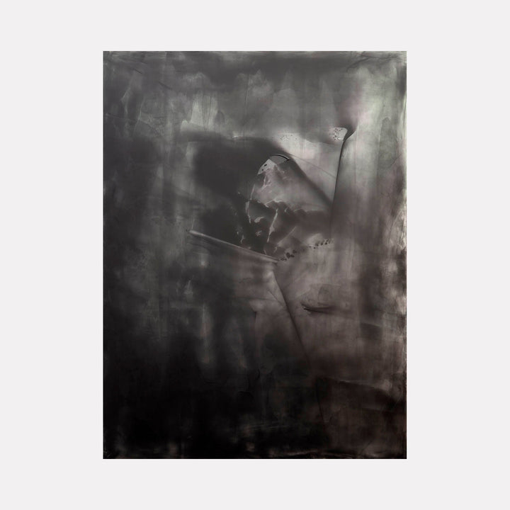 The artwork 'The eyelash of lightning whose mouths open' by Debra Ramsay features a dramatic monochromatic composition in acrylic on acrylic panel. Dark, ethereal shadows blend with lighter wisps creating an atmospheric abstract landscape. Mysterious forms emerge through misty layers, suggesting movement and depth in shades of charcoal and silver. The 30x29 inch piece evokes a stormy, dreamlike aesthetic.