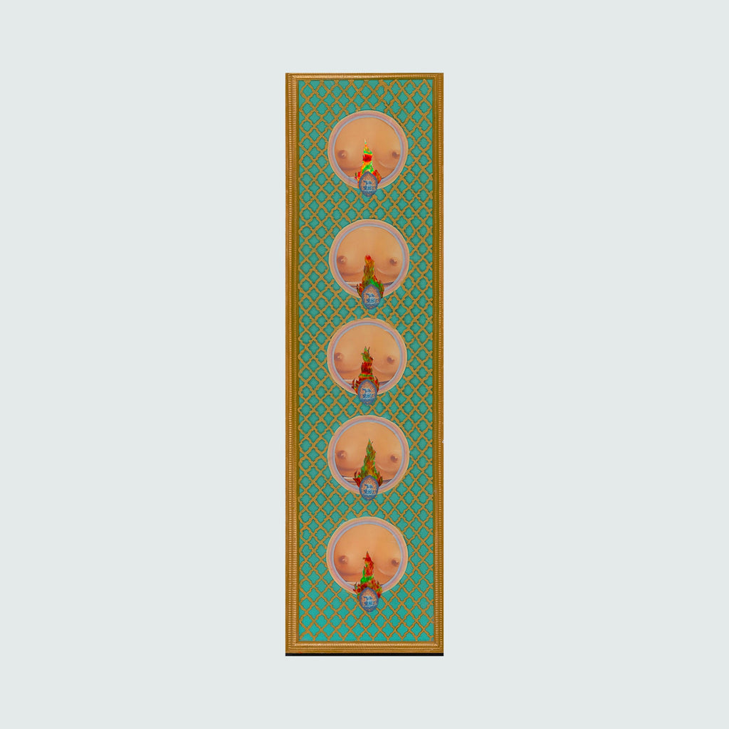 The artwork 'Tits Gold' by Chelsea Amato features five circular medallions arranged vertically on a vibrant turquoise background with intricate geometric patterns. Each medallion showcases a miniature abstract figure composition in warm peachy tones against a golden frame. The mixed media collage combines delicate patterning with bold color contrasts, measuring 60 inches in height by 16 inches in width.