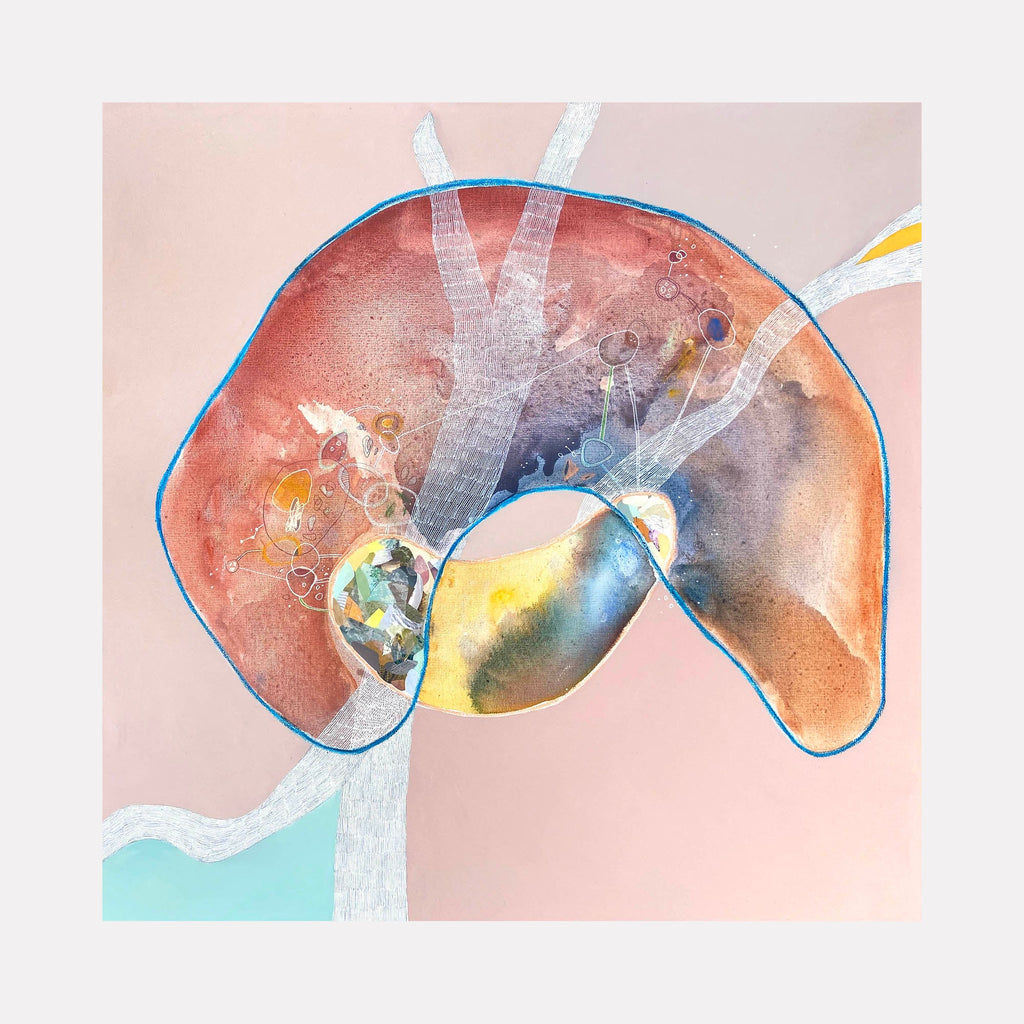The artwork 'Too Much Happiness' features an abstract curved form in coral and salmon tones outlined in turquoise blue, intersecting with translucent white ribbons. A luminous yellow and blue orb sits at the center, creating a dynamic focal point. Mixed media on canvas combines watercolor-like effects with textural elements in a soft pastel palette. By Linden Eller.