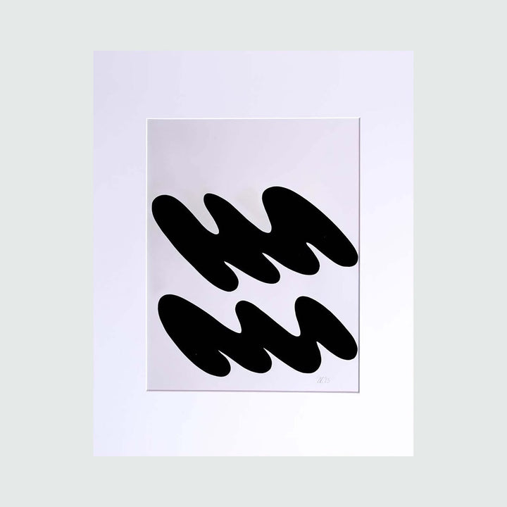 The artwork 'The Morning Meditation Series 7' by Shadia Sabagh features bold black abstract wave-like forms on white background. Two parallel flowing shapes create a minimalist composition with dynamic movement, reminiscent of calligraphy strokes or ocean waves. Freehand drawing printed as limited edition, sized 20x16 inches.
