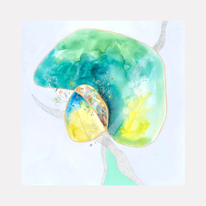 The artwork 'Waves' by Linden Eller features ethereal watercolor flows in turquoise, emerald green, and soft yellow hues, creating an organic, fluid form against a crisp white background. Delicate silver pencil lines intersect the watercolor elements, adding subtle geometric contrast to the flowing composition. Mixed media on canvas, 36x36 inches. By Linden Eller.