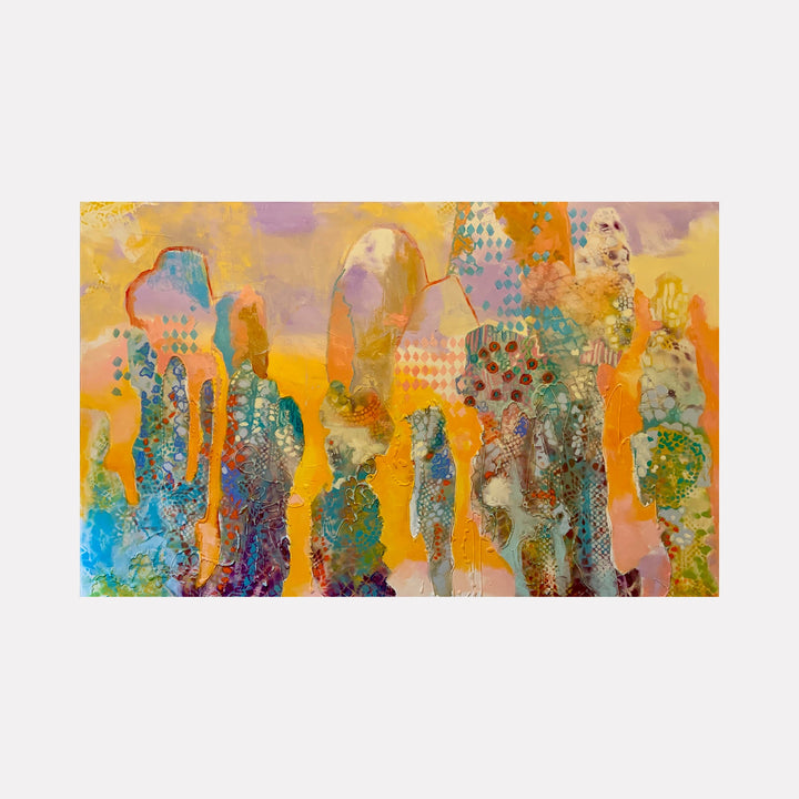 The artwork 'Waves of Majesty' by Rebecca Darlington features abstract vertical forms rising like colorful towers against a vibrant yellow horizon. Textured patterns in turquoise, purple, and orange create a dreamlike landscape, with checkered details and organic shapes blending spray paint and oil techniques to achieve a ethereal, flowing effect.
