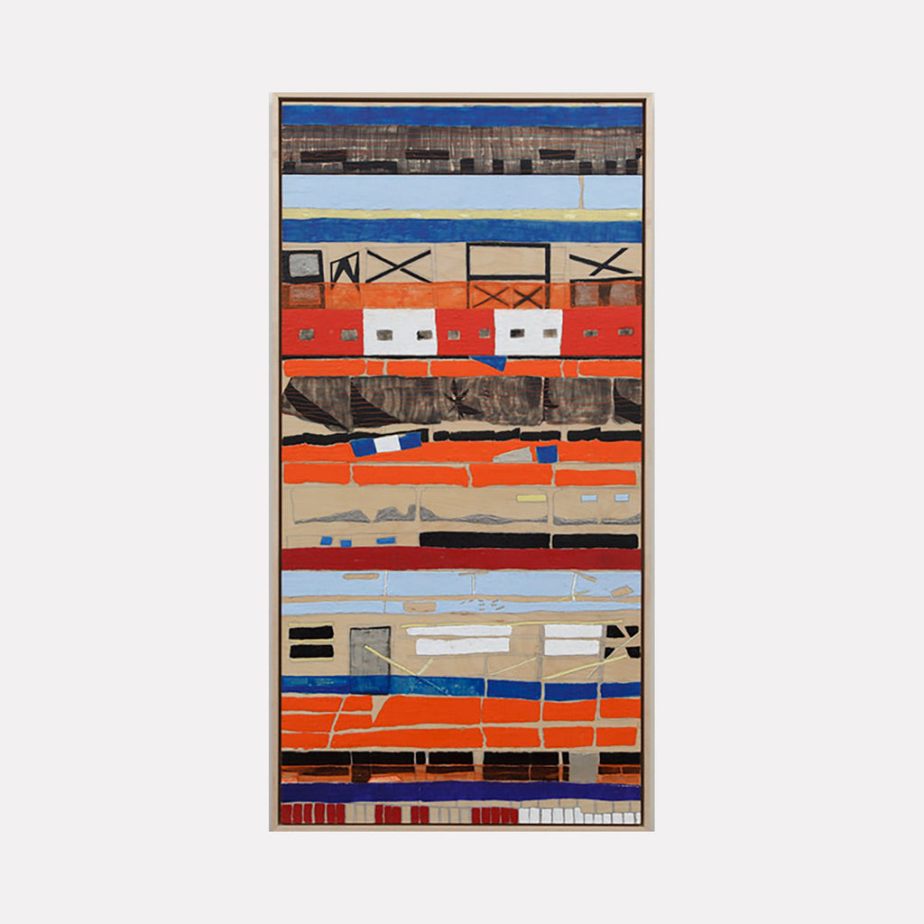 The artwork 'Six Stories' by Cora Jane Glasser features horizontal bands of bold colors including vibrant orange, soft blue, and neutral browns, arranged in a geometric abstract pattern. Created with encaustic and pencil on wood panels, the piece displays textural elements, linear marks, and architectural-inspired shapes that create a rhythmic, layered composition.
