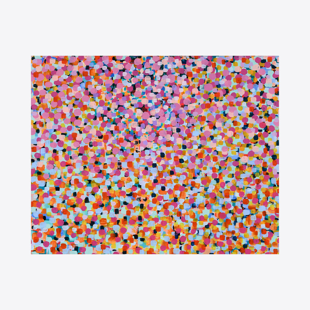 The artwork 'hundreds + thousands' by Taylor Binda features a vibrant mosaic-like pattern of small, colorful squares scattered across the canvas. The acrylic painting displays a dynamic array of pink, orange, blue, red, and turquoise dots, creating a playful confetti-like effect. The composition resembles a festive, pointillist style with overlapping fragments arranged in an abstract pattern.