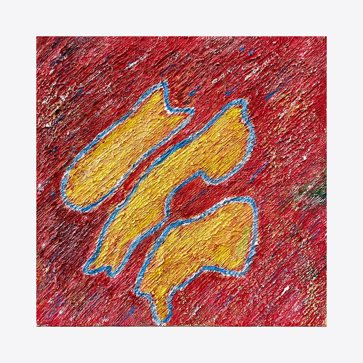 The artwork 'Number 24' by Roberto A Godinez features vibrant yellow abstract shapes outlined in bright blue, set against a textured crimson background. The oil painting showcases three irregular, organic forms that float dynamically across the 12x12 canvas, creating a striking contrast through its bold color palette and expressive brushwork technique.