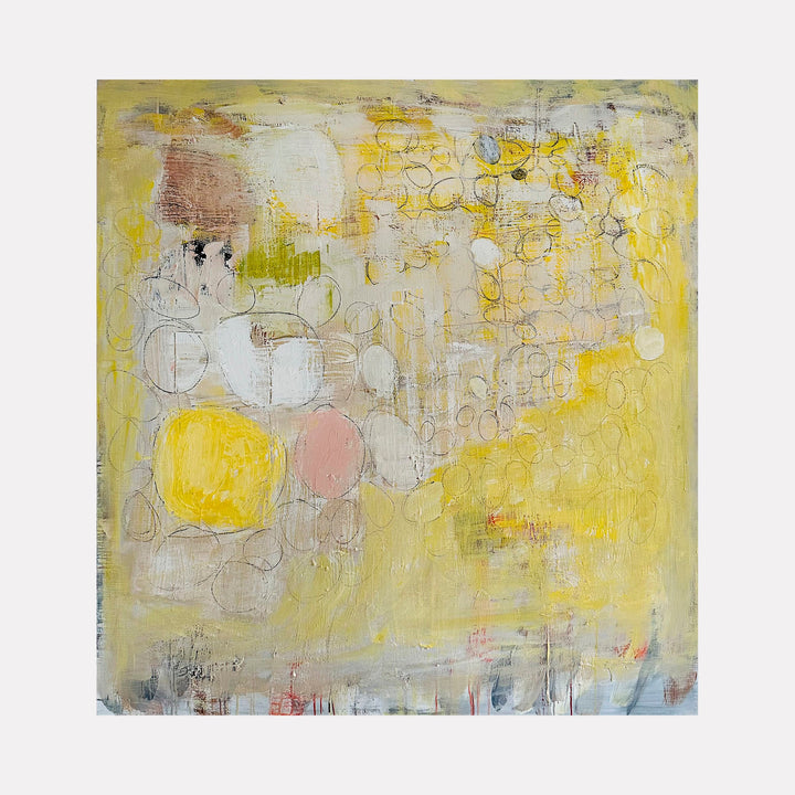 The artwork 'New York Swagger' features an abstract composition with soft yellow and blush pink tones blending into misty gray backgrounds. Circular patterns and geometric shapes float across the canvas, creating a dreamy urban atmosphere. The oil on linen technique adds rich texture and depth through layered brushstrokes. By Petra Nimtz.