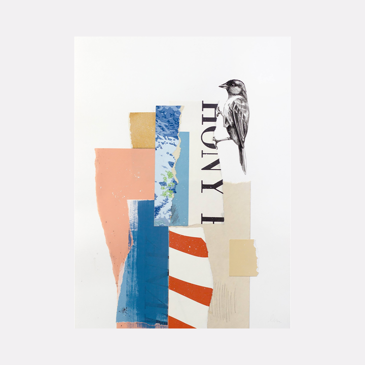 The artwork 'The Rise and Fall No. 65' by Lauren Matsumoto features a mixed-media collage combining a detailed black and white bird illustration with abstract geometric shapes in coral, blue, and beige tones. Paper cutouts create a modernist composition with vertical elements and striped patterns, showcasing a minimalist aesthetic on white background.
