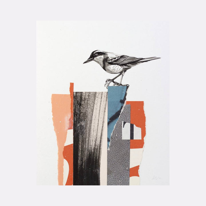 The artwork 'The Rise and Fall No. 66' by Lauren Matsumoto features a detailed black and white bird perched atop an abstract geometric composition of textured columns. The collage combines coral-orange, soft peach, and steel blue elements with bold black brushstrokes, creating a modern mixed-media piece on paper that measures 9.8 x 8 inches by Lauren Matsumoto.