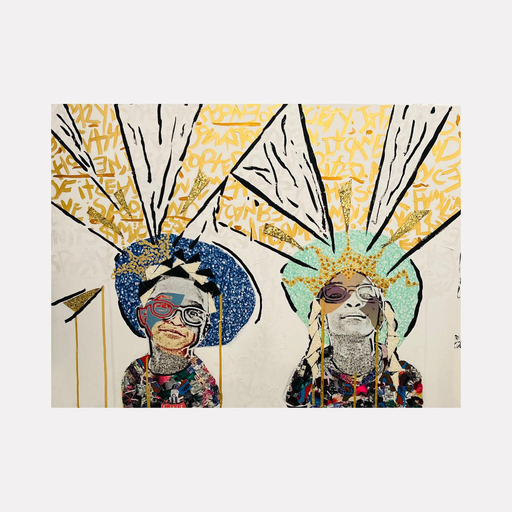 The artwork 'Bubby & Z' by Courtney Minor features two figures wearing ornate headdresses with dramatic spiked designs. The left figure wears a blue glittering crown while the right dons a mint green and gold headpiece. Both subjects are rendered in mixed media collage style against a cream background with yellow abstract lettering. The 30x40 inch canvas combines bold black lines with vibrant colors and textural elements.