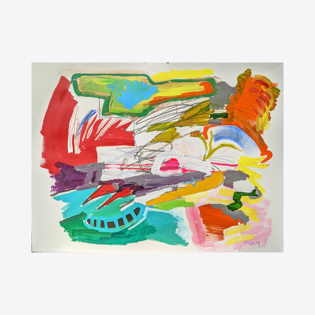 The artwork 'Cellular' by Joseph Conrad Ferm features vibrant abstract brushstrokes in dynamic colors including red, turquoise, yellow, and orange. Bold gestural marks and fluid shapes create movement across watercolor paper, with layered mixed media elements suggesting organic cellular forms. The energetic composition combines sweeping lines and colorful passages in a 22.5 x 30 inch format.