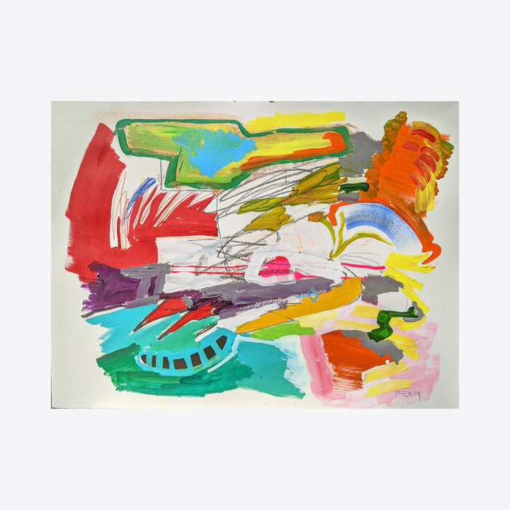 The artwork 'Cellular' by Joseph Conrad Ferm features vibrant abstract brushstrokes in dynamic colors including red, turquoise, yellow, and orange. Bold gestural marks and fluid shapes create movement across watercolor paper, with layered mixed media elements suggesting organic cellular forms. The energetic composition combines sweeping lines and colorful passages in a 22.5 x 30 inch format.