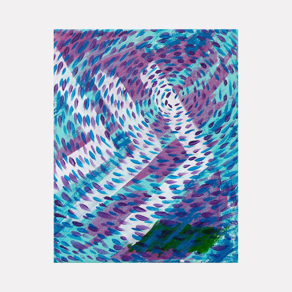 The artwork 'Chevron Spiral' by Aaron Hillebrand features a dynamic swirling pattern of turquoise, purple, and white brushstrokes arranged in a mesmerizing spiral formation. The acrylic painting creates a rhythmic chevron pattern that radiates from the center, with vibrant aqua and deep violet hues blending seamlessly on the 10x8 inch canvas.
