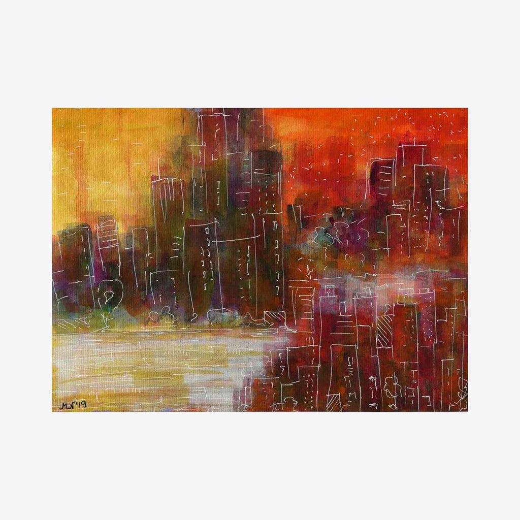 The artwork 'City 2' by Marta Nowicka features an abstract cityscape with towering skyscrapers outlined in delicate lines against a vibrant sunset sky. Deep oranges, reds, and yellows blend dramatically in the background, while geometric building shapes create a modern urban silhouette, painted in acrylic with expressive brushstrokes on paper.