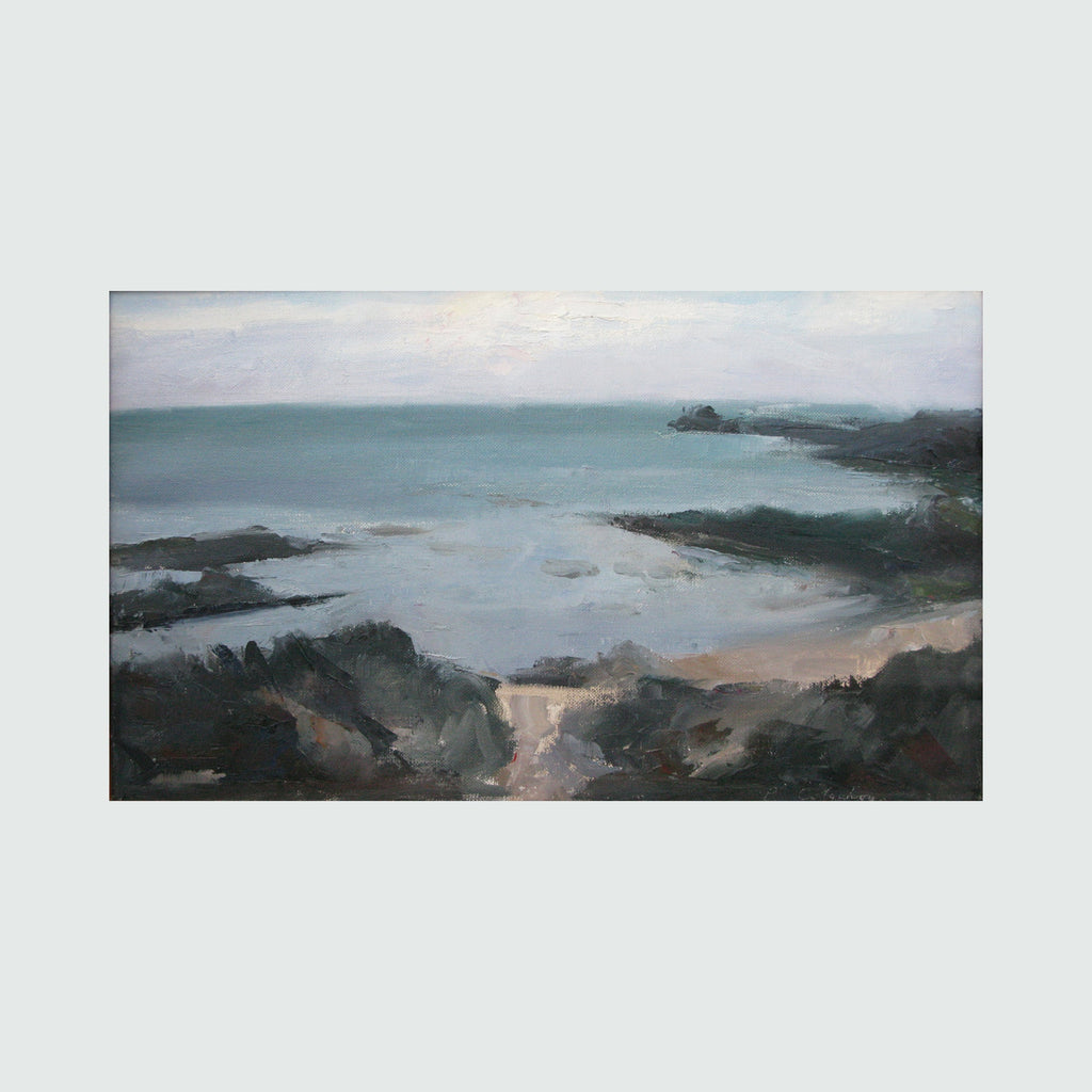 The artwork 'Coast at Suscinio' by Peter Colquhoun captures a moody seascape in oil on linen, featuring misty turquoise waters meeting dark rocky shores. Soft gray clouds hover above the horizon, while dramatic brushstrokes create textural contrasts between the smooth sea surface and rough coastal terrain, rendered in a contemporary impressionist style. By Peter Colquhoun.