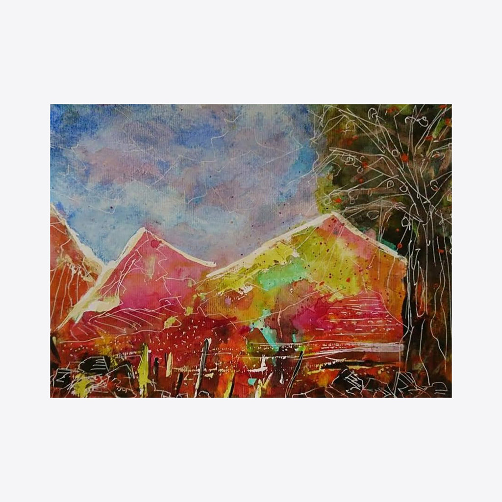 The artwork 'Colorful Hills' by Marta Nowicka features vibrant abstract mountains in warm sunset hues of red, yellow, and orange against a dreamy blue sky. Textured acrylic brushstrokes create dynamic landscape elements with expressive linear details and energetic splashes of color throughout the composition, mounted in a white mat.