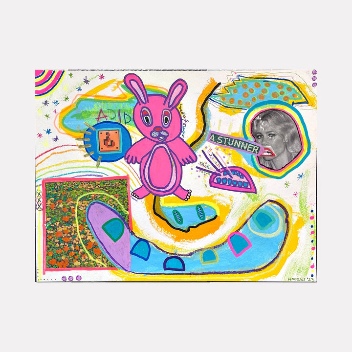 The artwork 'Conejo' by Brandon Hodges features a vibrant pink cartoon rabbit surrounded by whimsical collage elements, including a curved blue path with geometric shapes, floral patterns, and colorful abstract forms in yellow, green, and purple. Mixed media artwork combines acrylic paint, paper collage, and ink on watercolor paper, creating a playful and dynamic composition.