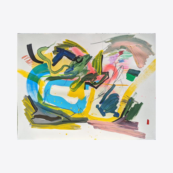 The artwork 'Crouching Tiger' features dynamic brushstrokes in vibrant turquoise, yellow, and green, creating an abstract expressionist composition. Bold gestural marks sweep across the watercolor paper, suggesting fluid movement and energy through interweaving curves and angular forms. The mixed medium painting combines soft pink accents with deep navy details by Joseph Conrad Ferm.