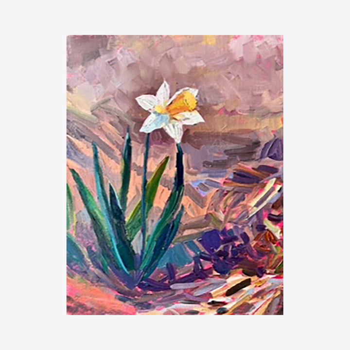 The artwork 'Daffodil' by Elody Gyekis depicts a vibrant oil painting of a single white and yellow daffodil flower with green stems against a textured, impressionistic background in shades of pink, purple, and coral. The painting features bold brushstrokes and an expressive, contemporary style, measuring 11x14 inches on canvas by Elody Gyekis.