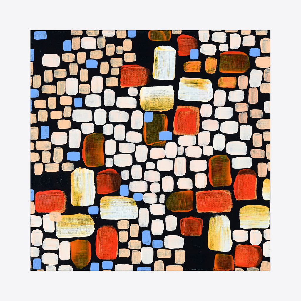 The artwork 'Dark Moon (Le Cape)' by Taylor Binda features a mosaic-like pattern of rounded rectangular shapes against a black background. The composition consists of soft beige, vibrant coral-red, pale yellow, and accents of sky blue tiles arranged in an organic, flowing pattern. The 18x18 inch acrylic painting creates a rhythmic, abstract design reminiscent of stained glass or cobblestones. By Taylor Binda.